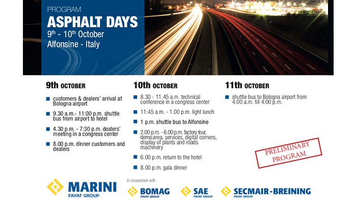 EQUIVIAL SRL estará presente en el evento “ASPHALT DAYS” de MARINI programado para el mes de Octubre 2018.